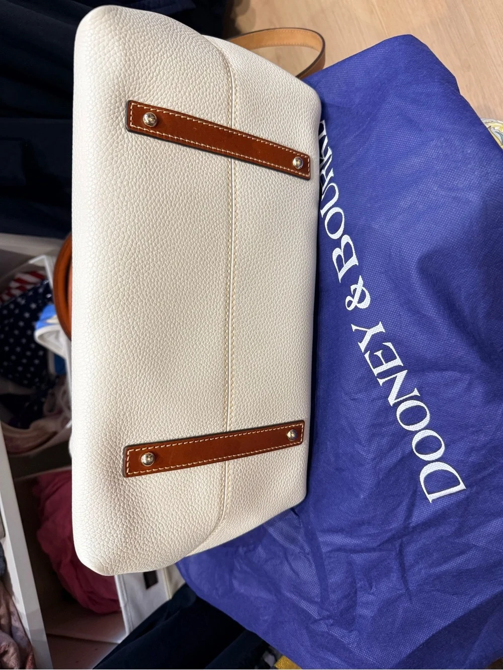 Dooney & Bourke White Leather Satchel with Brown Trim and Gold Hardware